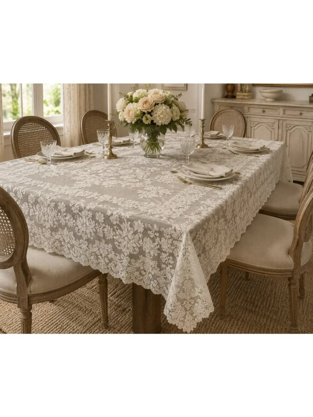 French Alençon Style Lace Tablecloth 72x104 Ivory Vintage Cottage Romantic